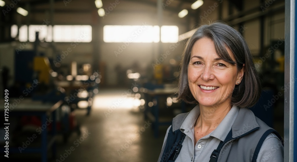 Obraz premium Portrait of a confident middle-aged woman worker smiling in a factory. Mature female business owner standing in her industrial workshop with copy space