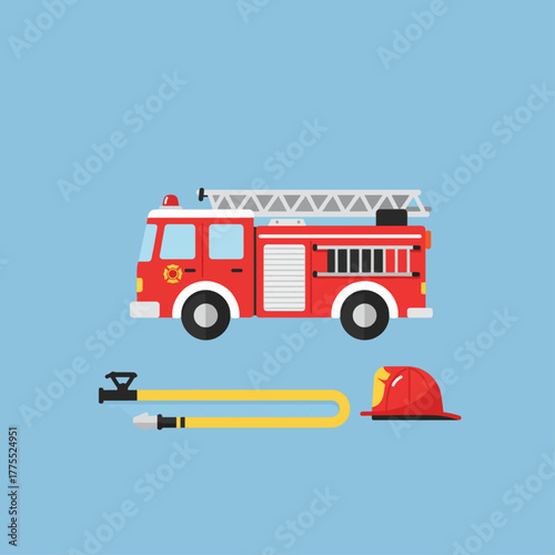 Flat design illustration of a red fire truck with a ladder, a yellow fire hose, and a red firefighter's helmet on a blue background.