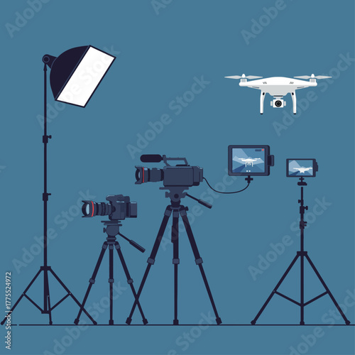 A collection of modern video production equipment including cameras, tripods, lighting, and a drone, set against a solid blue background.