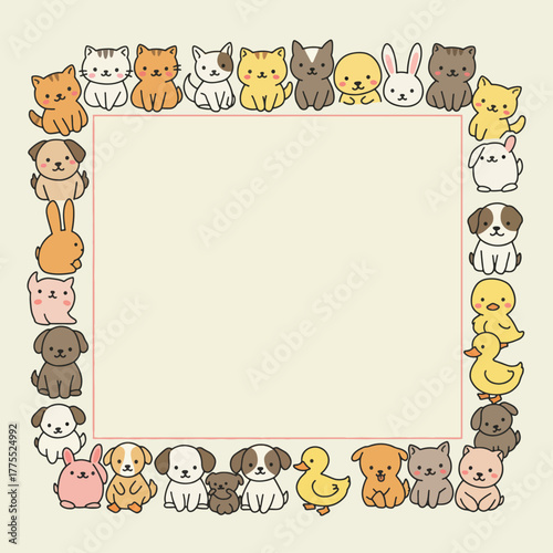 Cute cartoon animal border frame with various pets and farm animals surrounding a blank space.