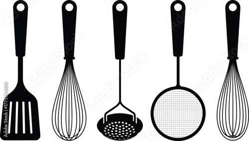Set of Kitchen Tools Including Spatula, Whisk, Strainer, Sifter, and Masher for Cooking and Baking