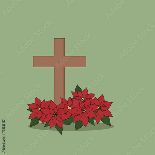 A simple illustration of a brown cross with red poinsettia flowers at its base on a green background, symbolizing faith and remembrance.