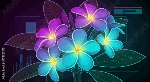 Elegant frangipani illustration with a techno geometric background