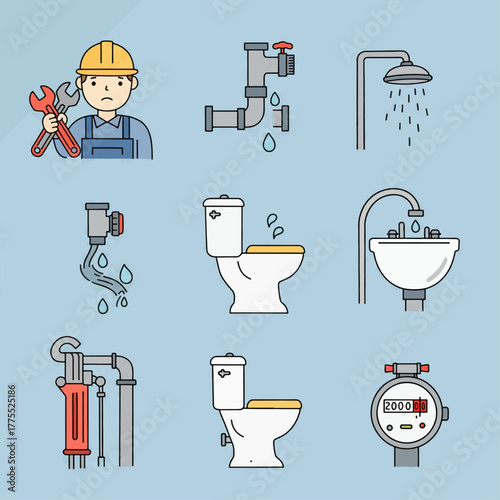 A set of vector illustrations depicting common plumbing issues and fixtures, including a plumber, leaking pipes, showers, toilets, sinks, and a water meter.