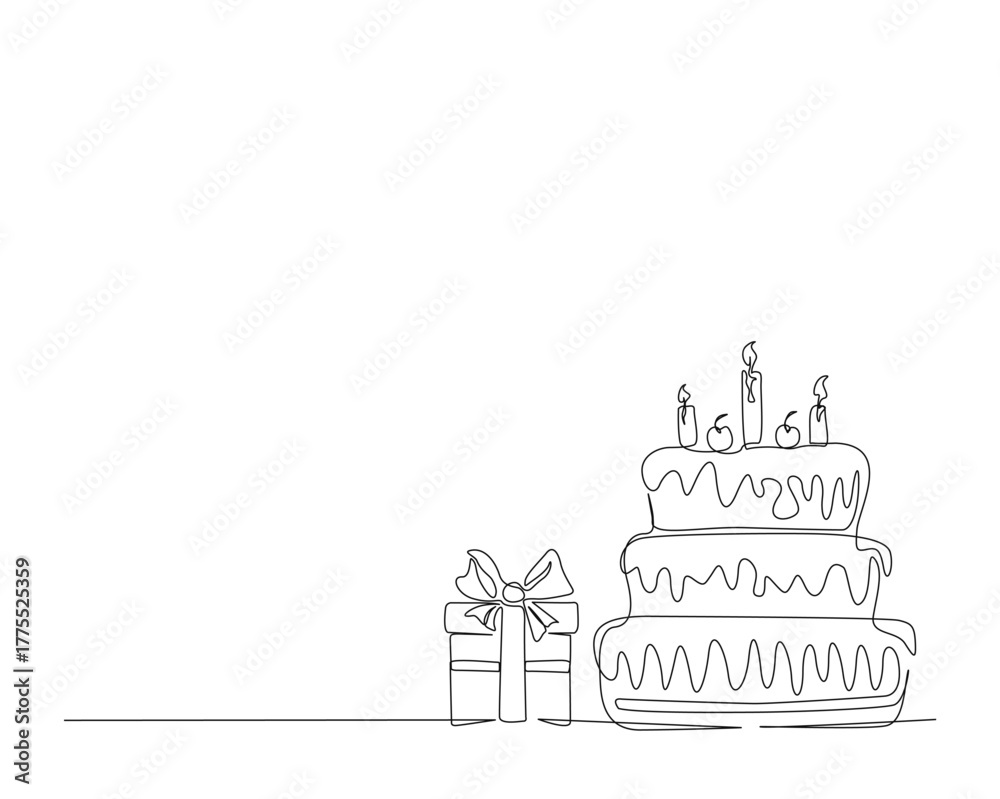 Fototapeta premium Continuous one line drawing of birthday cake with present box and ballloons. Birthday cake with candles outine vector illustration. Celebration, party, happy, celebrate, anniversary concept.