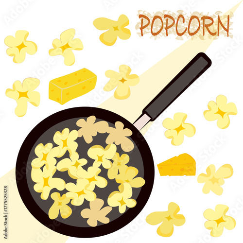 Popcorn, snack food cartoon style, baked with butter, delicious, vector illustration
