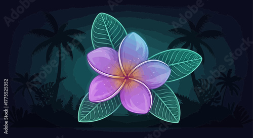 Luminous Frangipani Bloom Amidst Tropical Silhouette Enchantment
