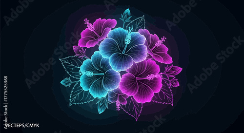 Luminous hibiscus flowers bouquet in vibrant neon blue and magenta colors