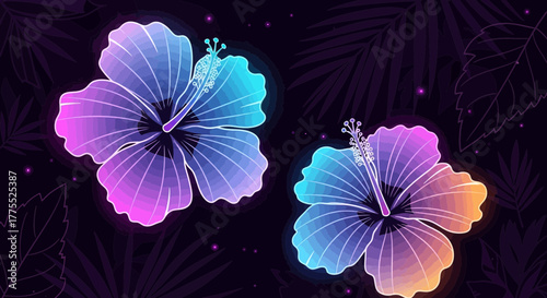 Luminous Neon Hibiscus Flowers on Dark Tropical Foliage Background