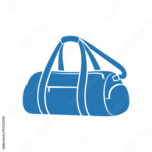 A blue duffel bag with handles and a shoulder strap, featuring a front zipper pocket and side compartment, isolated on a white background.