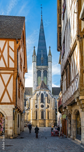 View of the choir of Notre-Dame church in Dijon from Rue De La Chouette with half-timbered buildings