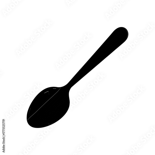 A black and white illustration of a spoon, angled to the right, with a simple design and a smooth, reflective surface.