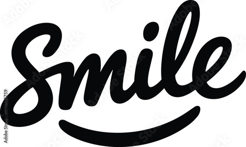 Smile typography design, cursive lettering logo, brush script word art, positive message text, cheerful calligraphy, happy branding illustration