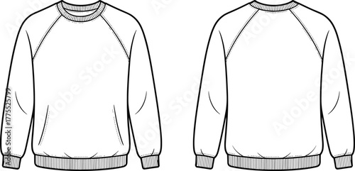 Sweatshirt flat sketch, raglan sleeve pullover, crew neck design, fashion technical drawing, apparel template, clothing vector, casual wear, front back view