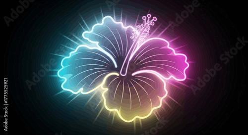 Vibrant hibiscus illustration with glowing neon effect on dark background