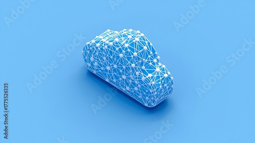 Isometric view of a miniature cloud computing icon, abstract network connection, vibrant blue and white.