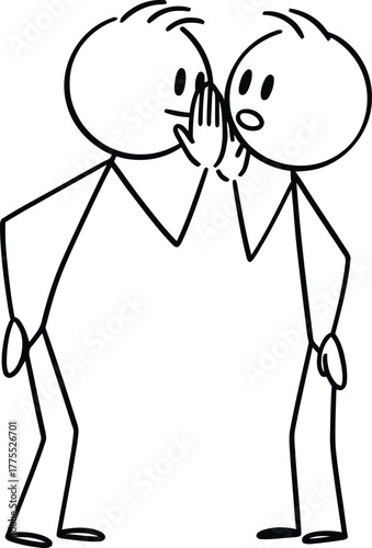 Two stick figures whispering secrets to each other with surprised expressions on a white background