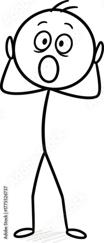 Shocked stick figure man with wide eyes and open mouth holding his head in disbelief