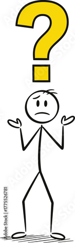 Confused stick figure character with a large yellow question mark above its head shrugging shoulders