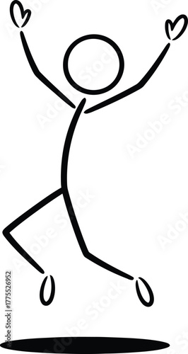Simple stick figure person jumping for joy with arms raised high in celebration against a white background