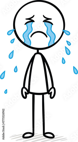 Simple stick figure character crying tears of sadness and despair on a white background