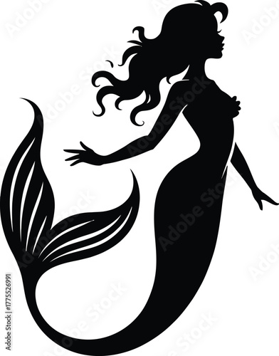 Elegant mermaid silhouette with flowing hair on transparent background