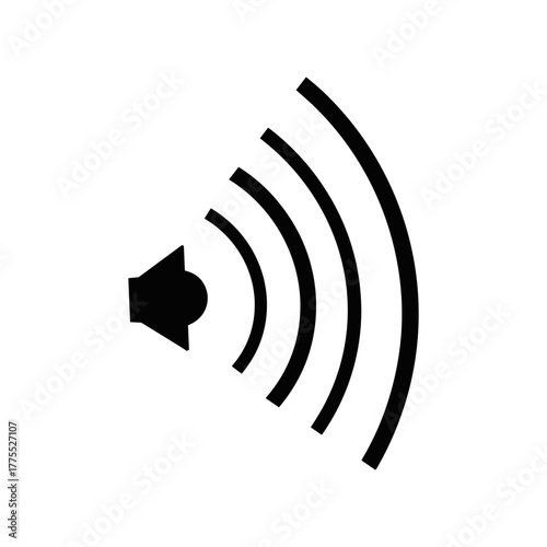 A black speaker icon with expanding sound waves representing audio, volume, and sound on a white background.