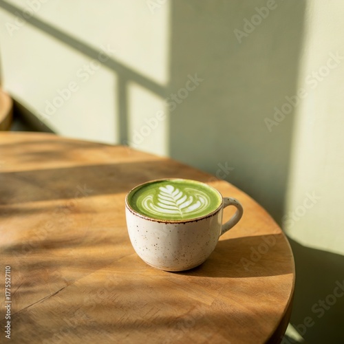 Matcha Latte in Ceramic Cup on Wooden Table – Matcha Latte Minimal Aesthetic with Natural Light – Matcha Latte Green Tea Art in Cozy Cafe