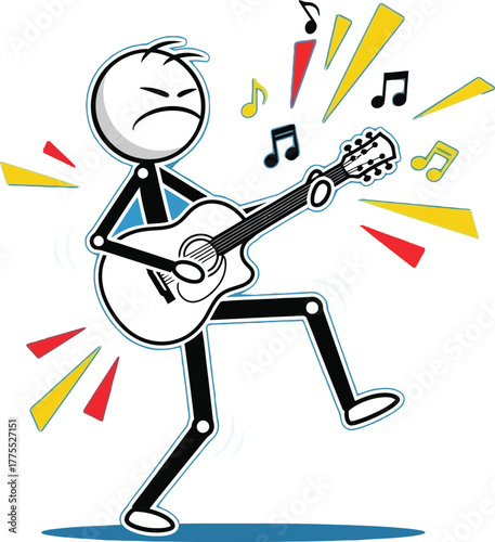 Energetic stick figure man enthusiastically playing an electric guitar with colorful sound waves emanating outwards