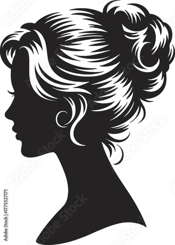 Elegant woman s updo hairstyle design black and white silhouette on transparent background