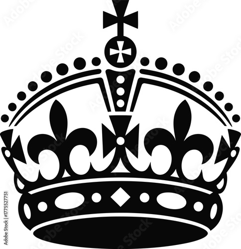 Detailed black crown graphic design element on transparent background silhouette
