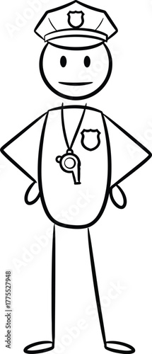 Cartoon stick figure coach wearing a cap and whistle around neck with hands on hips