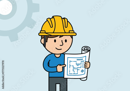 Cute cartoon construction worker holding blueprint plans and wearing hard hat with tools and building elements