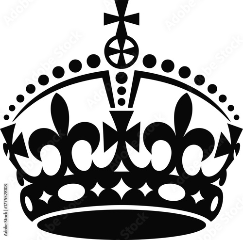 Detailed black crown design with decorative elements on transparent background silhouette