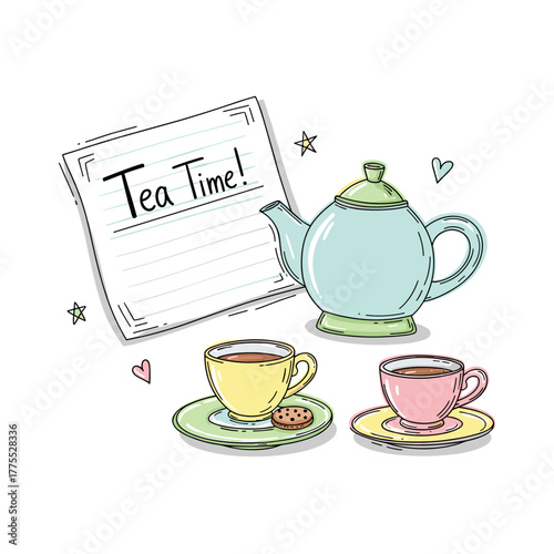 Tea time illustration with teapot, cups, and cookies on table  