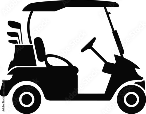 Black golf cart illustration with clubs steering wheel on transparent background silhouette