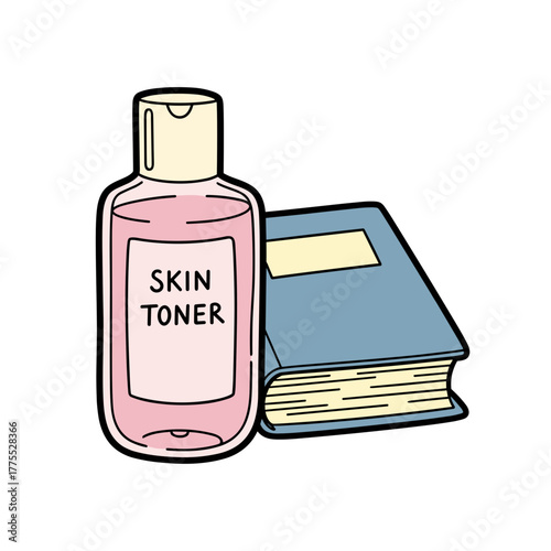 Skin toner bottle beside blue book on white background  