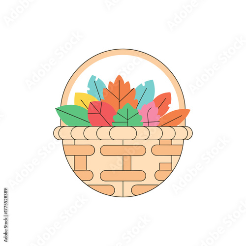 Colorful autumn leaves in woven basket on white background  