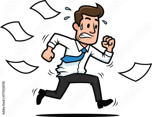 Cartoon businessman running fast with papers flying around him in a hurry