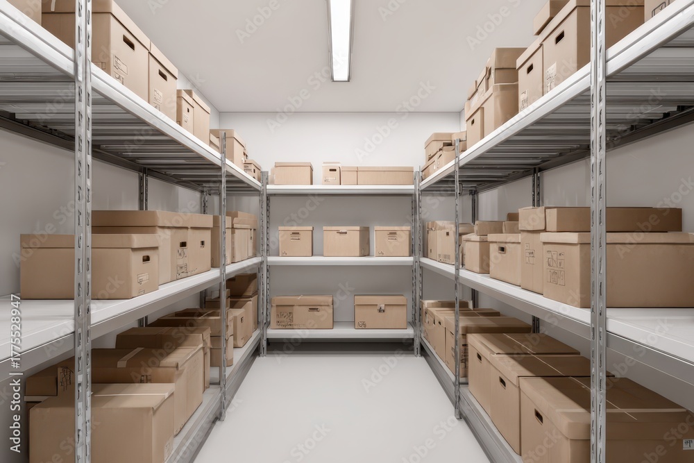 Fototapeta premium Warehouse interior. Large modern factory with brown paper boxes ware house. Efficient storage and transportation in production, food industry factory. Huge distribution rack, high shelves and crates