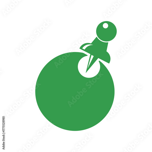 Green pushpin piercing a solid green circular shape on a white background, simple graphic illustration.