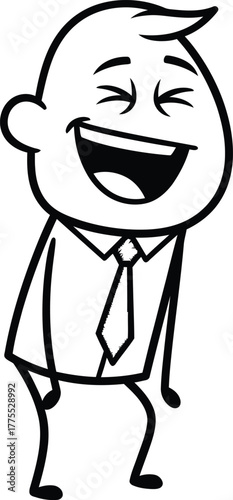 Cartoon businessman with eyes closed and mouth open laughing heartily with joy and amusement