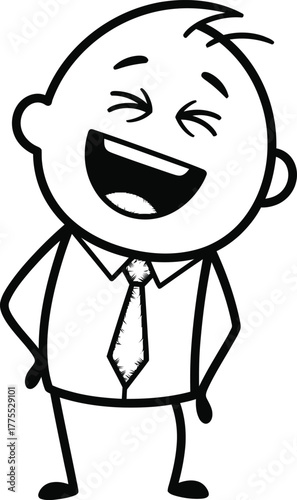 Joyful cartoon character in a shirt and tie laughing heartily with eyes closed and head tilted back