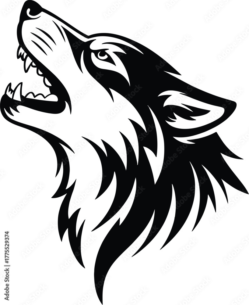 Obraz premium Detailed black wolf head illustration with a howling pose on transparent background silhouette