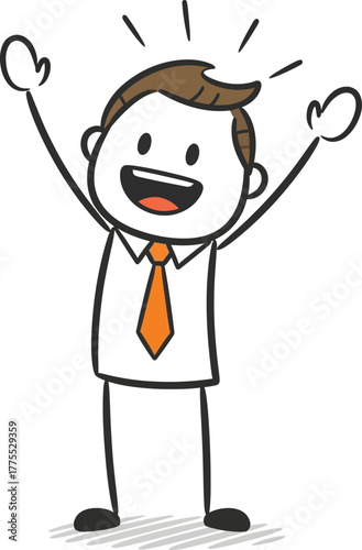 Joyful cartoon businessman with arms raised in celebration and a wide excited smile