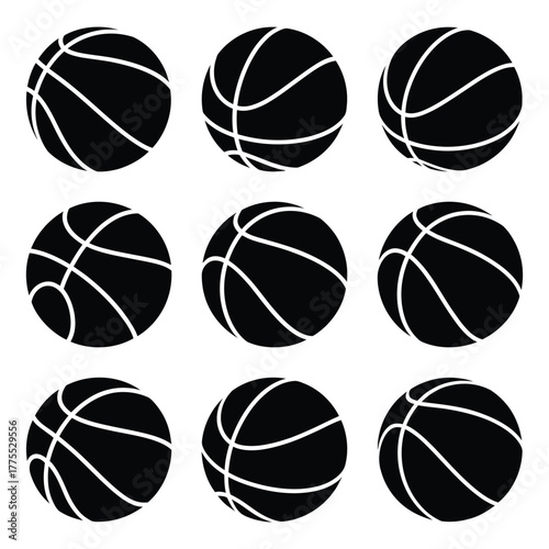 Collection of nine black basketballs with white lines on a white background