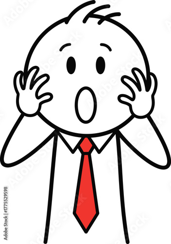 Cartoon businessman with wide eyes and open mouth expressing shock and disbelief with hands on head