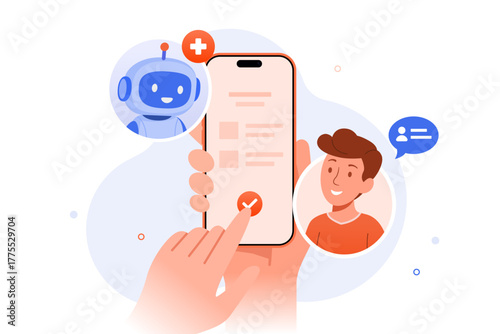 Hands holding a smartphone with an AI medical chatbot and a male patient communicating in an app, completing a task with a checkmark. Mobile healthcare illustration concept.