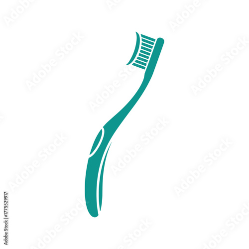 Illustration of a teal toothbrush with a curved handle and bristles.