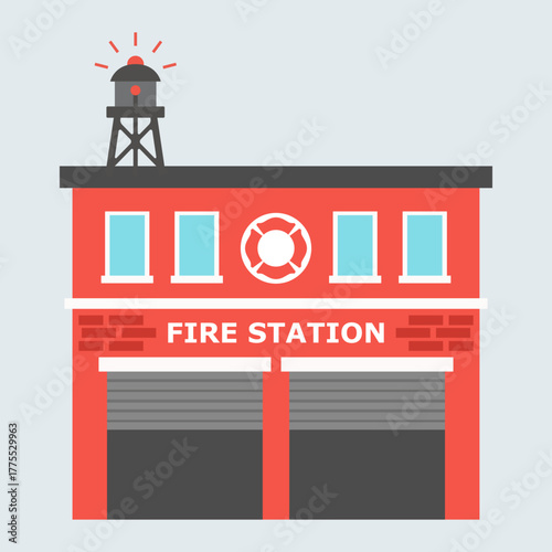 Flat design fire station building icon with siren tower and garage doors. Emergency service